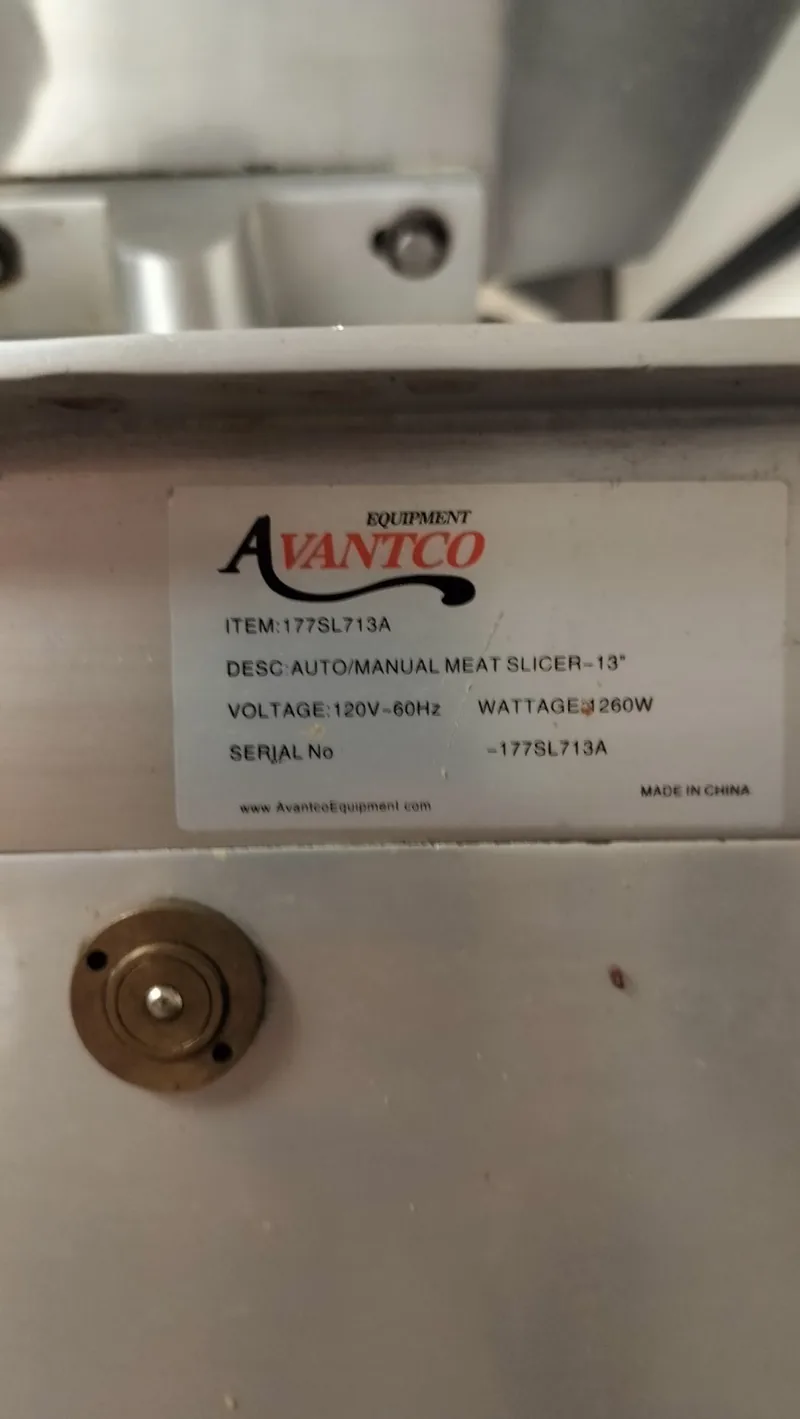 Avantco equipment label identifying model 177SL713A as a 13-inch automatic and manual meat slicer