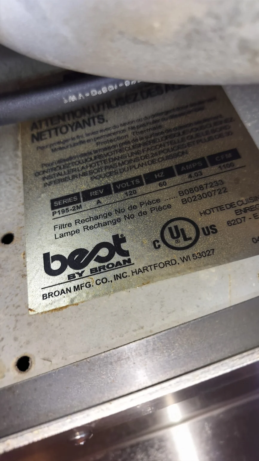 BEST by Broan P195-2M series Rev A range hood identification label