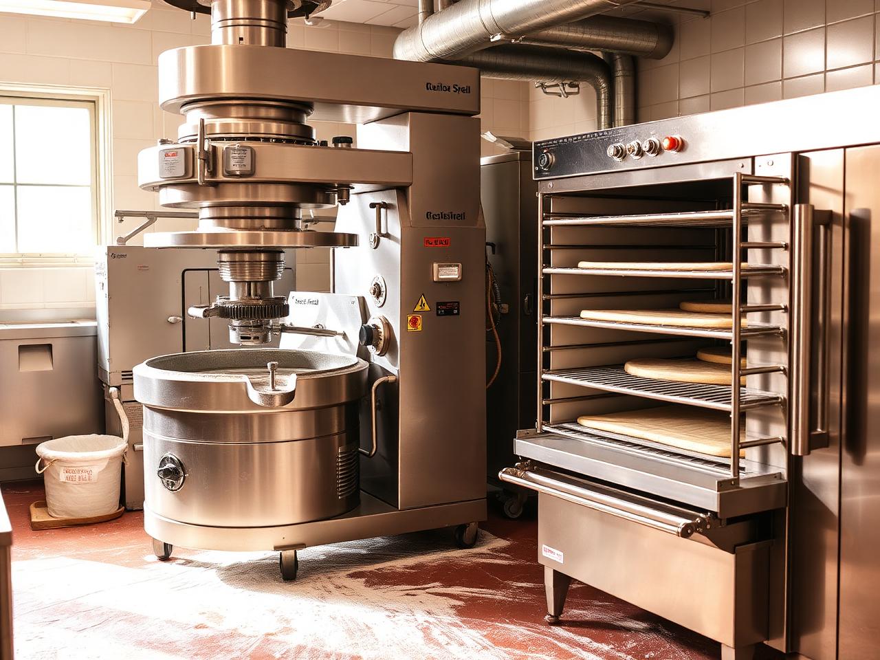 Professional bakery with spiral dough mixer and rack oven