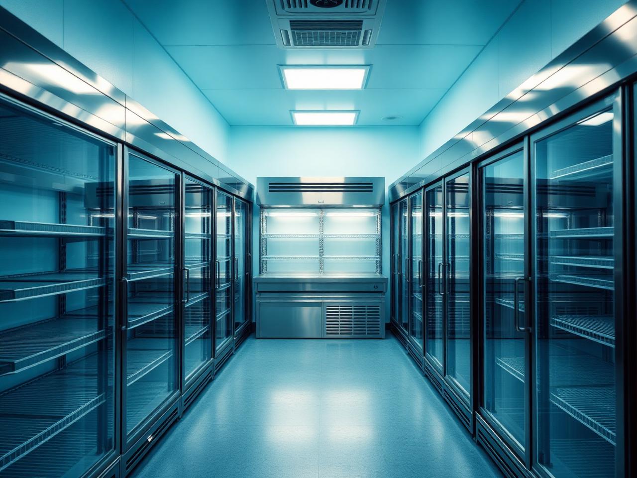 Clean commercial refrigeration walk-in with stainless reach-in coolers and shelving