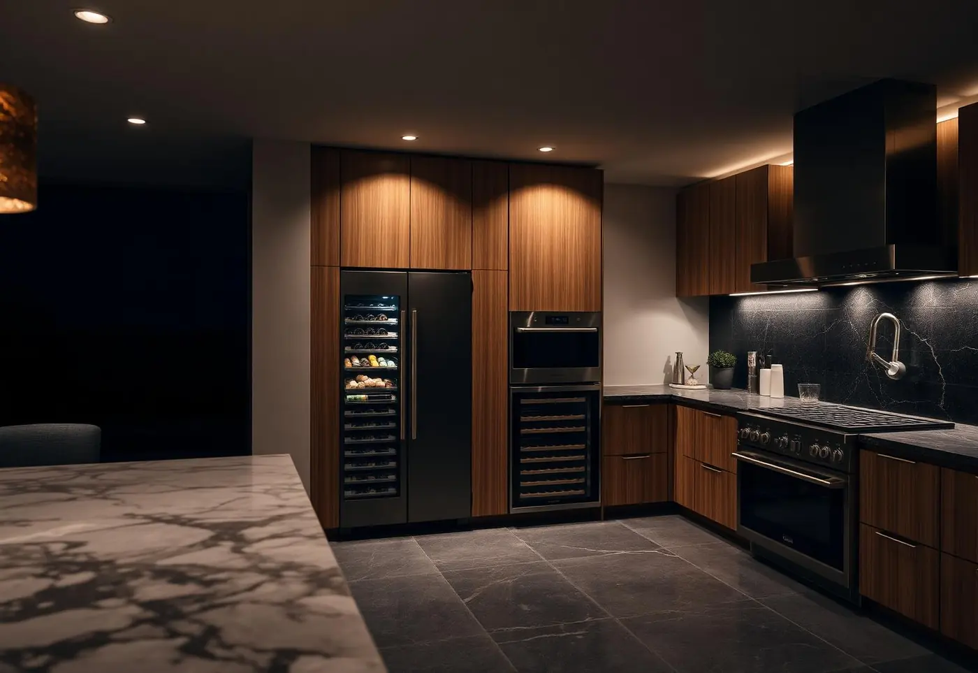 Luxury residential kitchen with integrated Sub-Zero built-in refrigerator, Wolf range and Miele coffee system