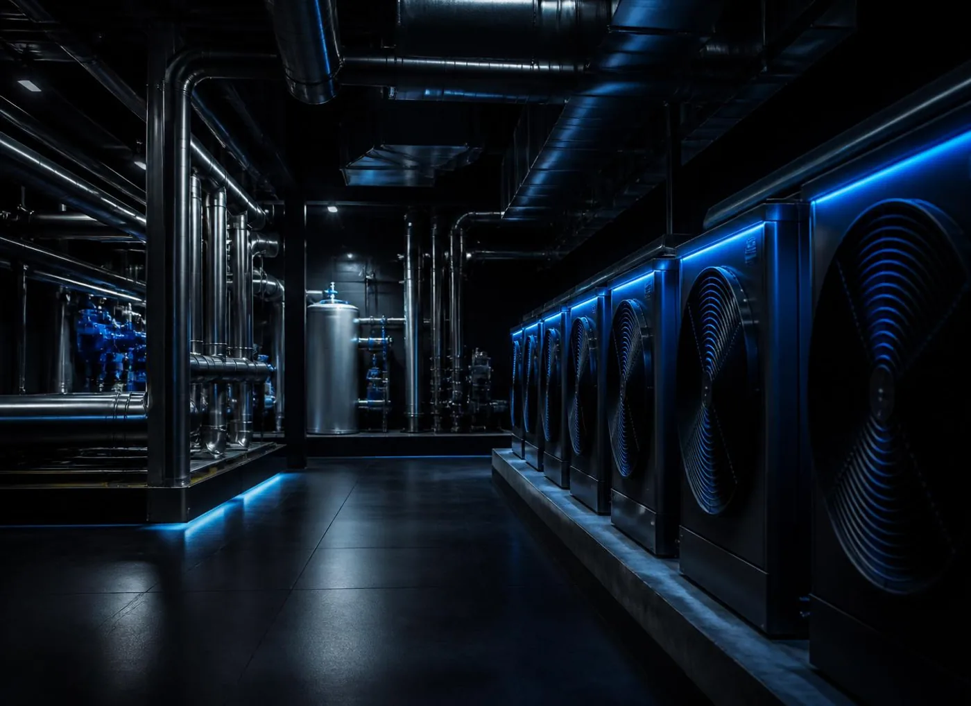 Premium commercial refrigeration and HVAC diagnostic environment with cool-blue lighting