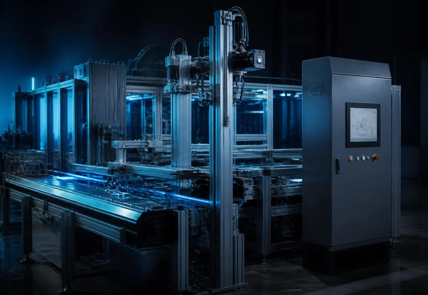 Clean light production equipment diagnostic scene with conveyor, control cabinet, sensors and automation components