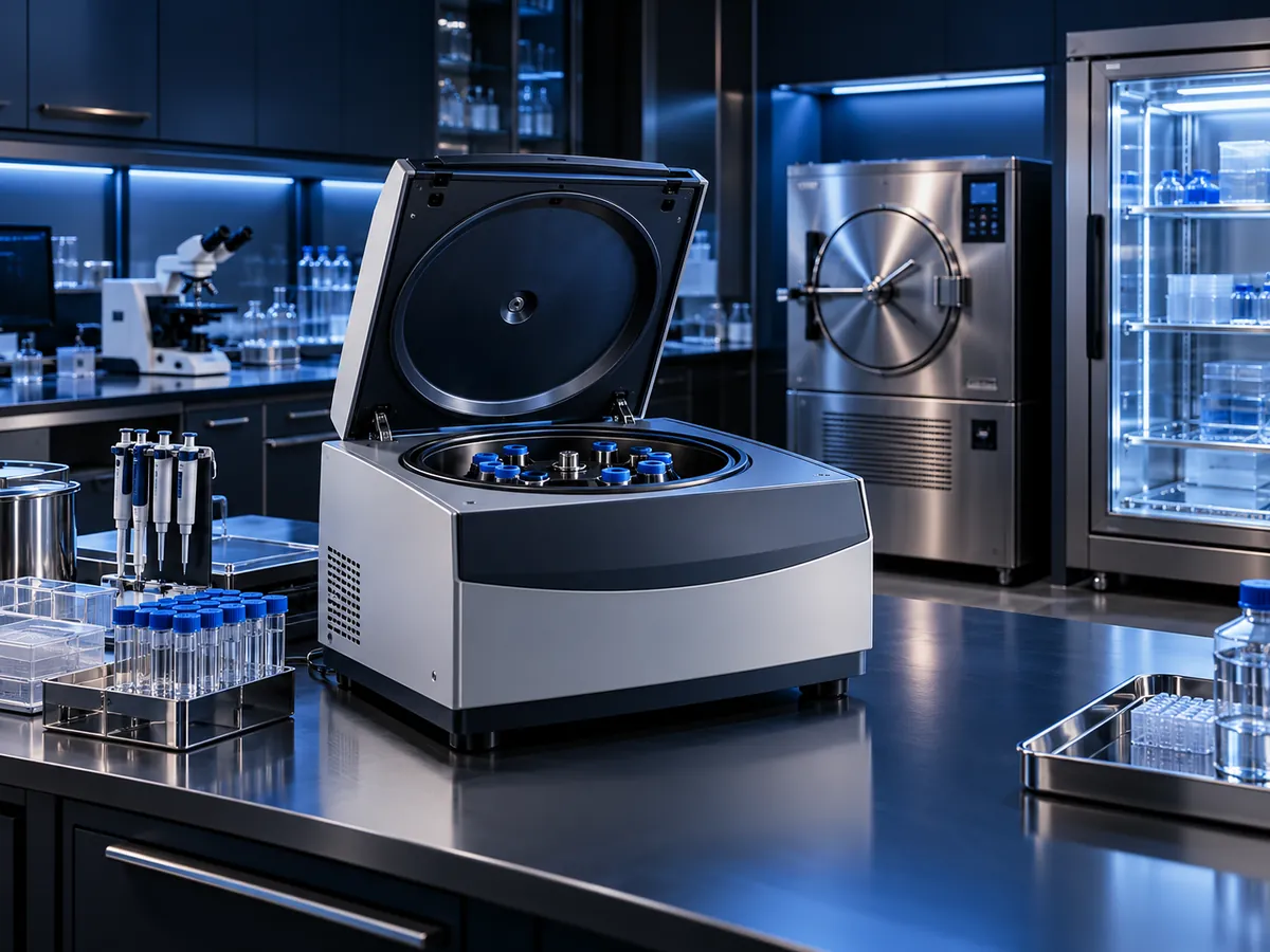 Illustrative laboratory workbench with centrifuge, autoclave and refrigeration equipment