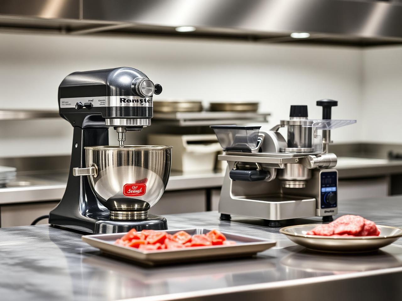 Professional food preparation station with planetary mixer and slicer