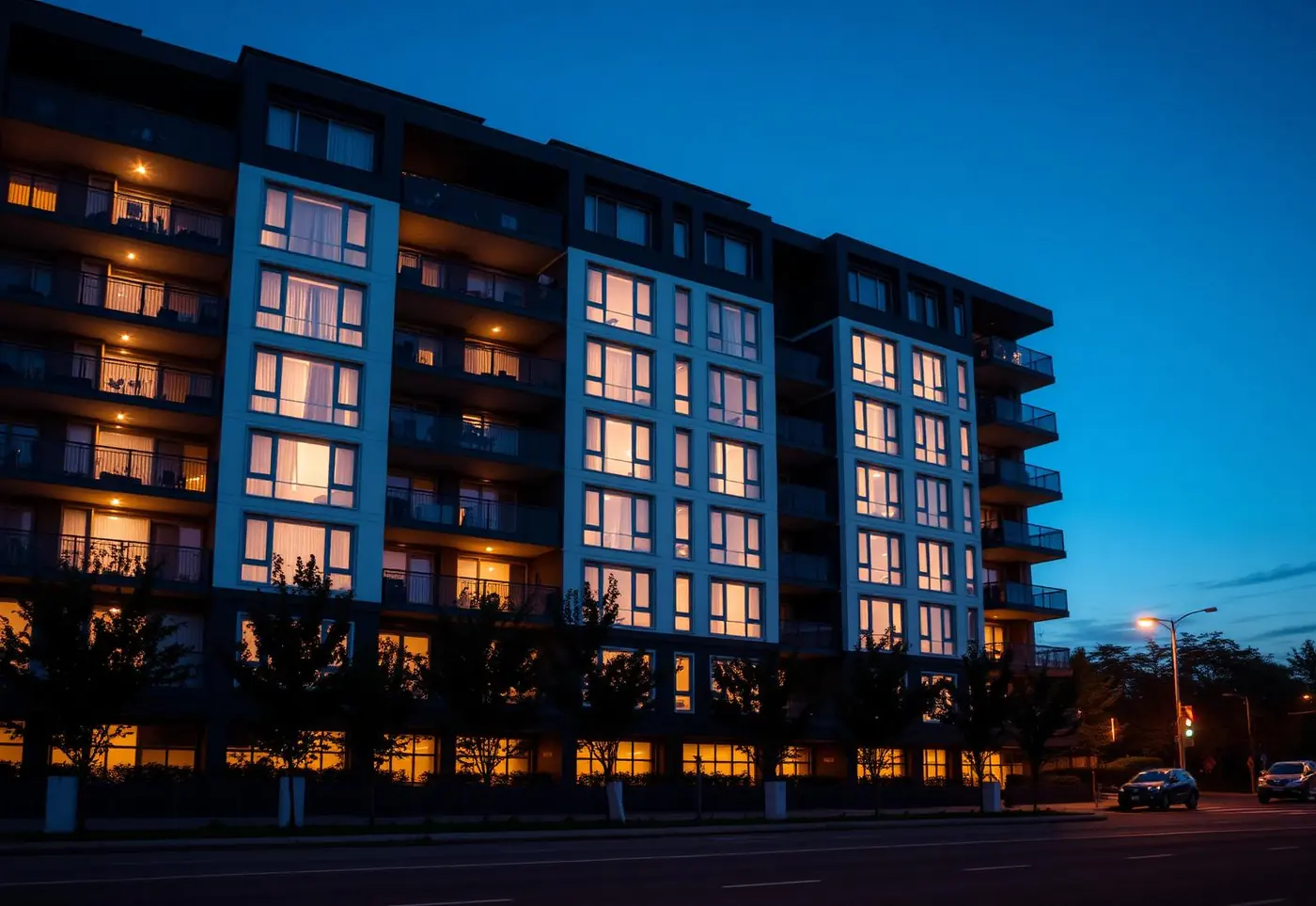 Luxury multi-unit apartment building at twilight — property portfolio maintenance