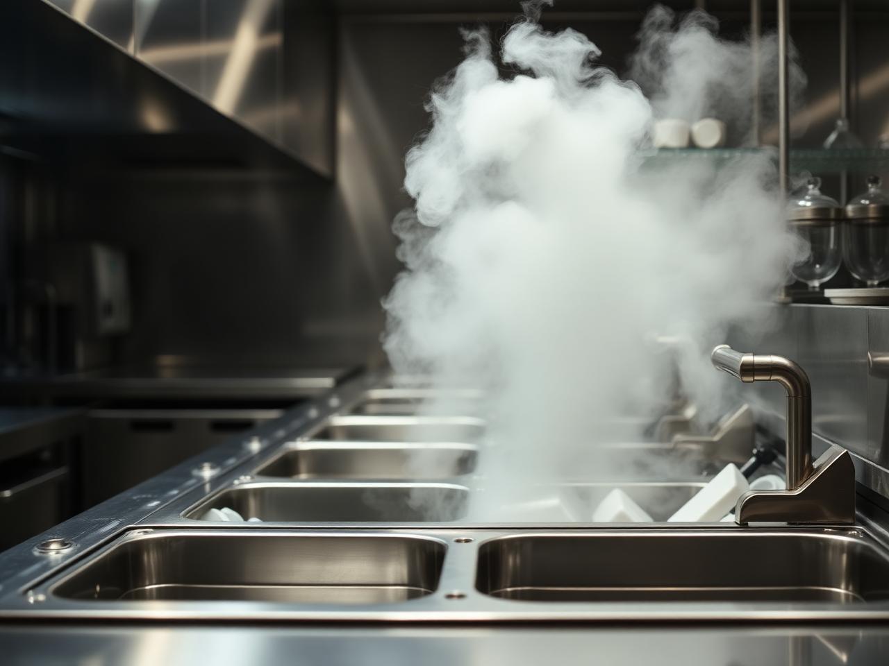 Stainless commercial warewashing area with dishwasher and steam