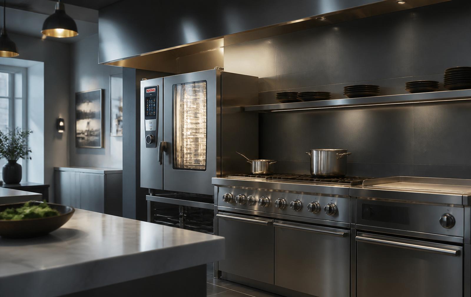 Professional commercial kitchen with stainless combi oven, range and walk-in cooler