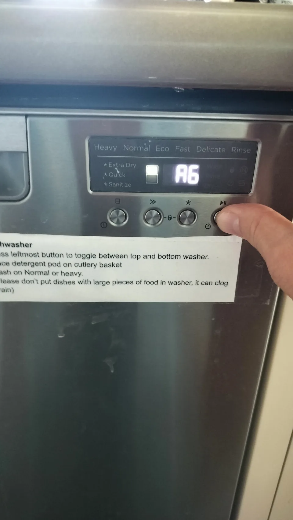 Fisher & Paykel DishDrawer control panel displaying the A6 fault