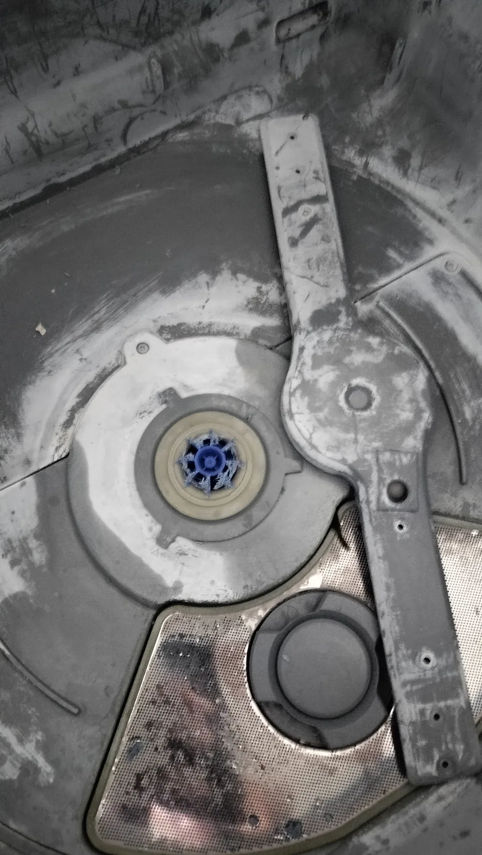 Fisher & Paykel DishDrawer spray arm and central rotor mounting surrounded by visible deposits