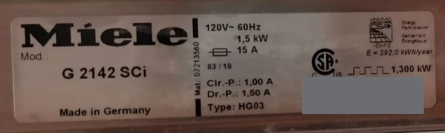 Miele G 2142 SCi model plate with serial and barcode redacted