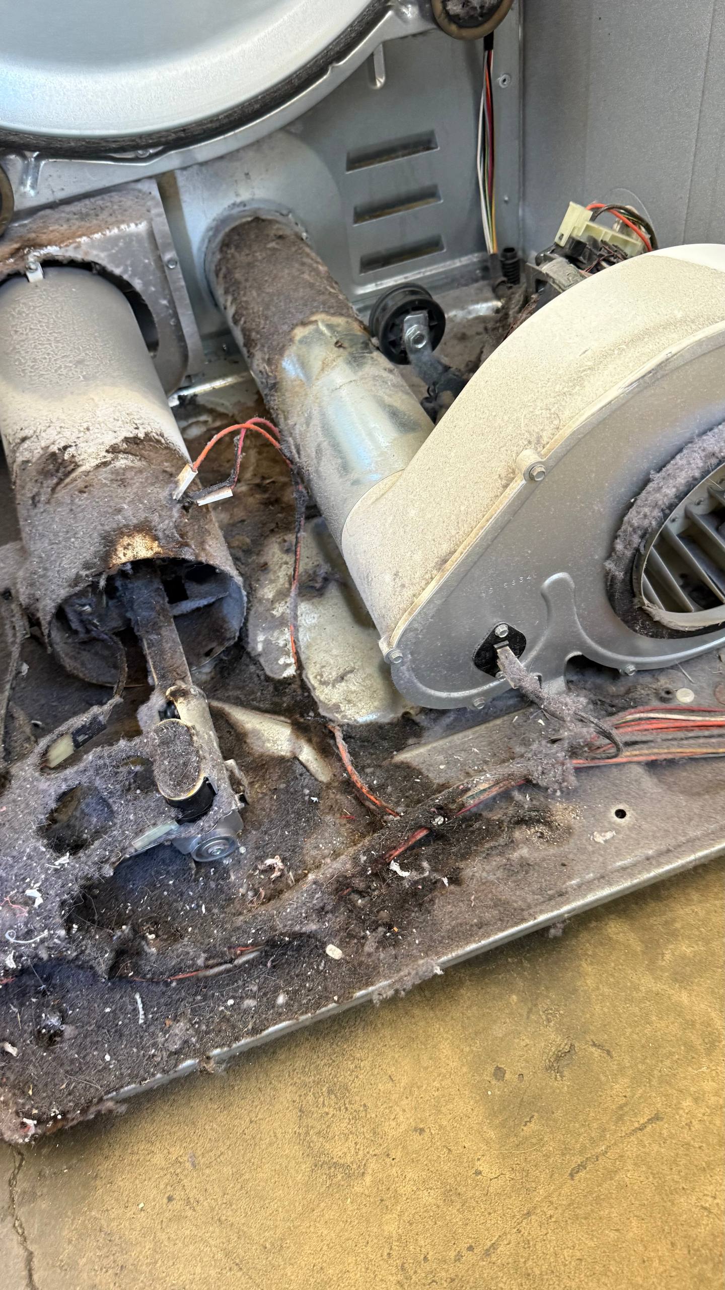 Lint accumulation around the burner and blower inside a Speed Queen dryer during a San Jose inspection.