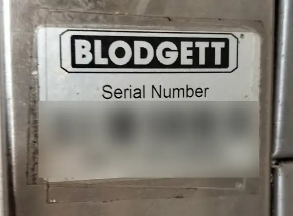Blodgett commercial rack oven identification tag with serial number redacted