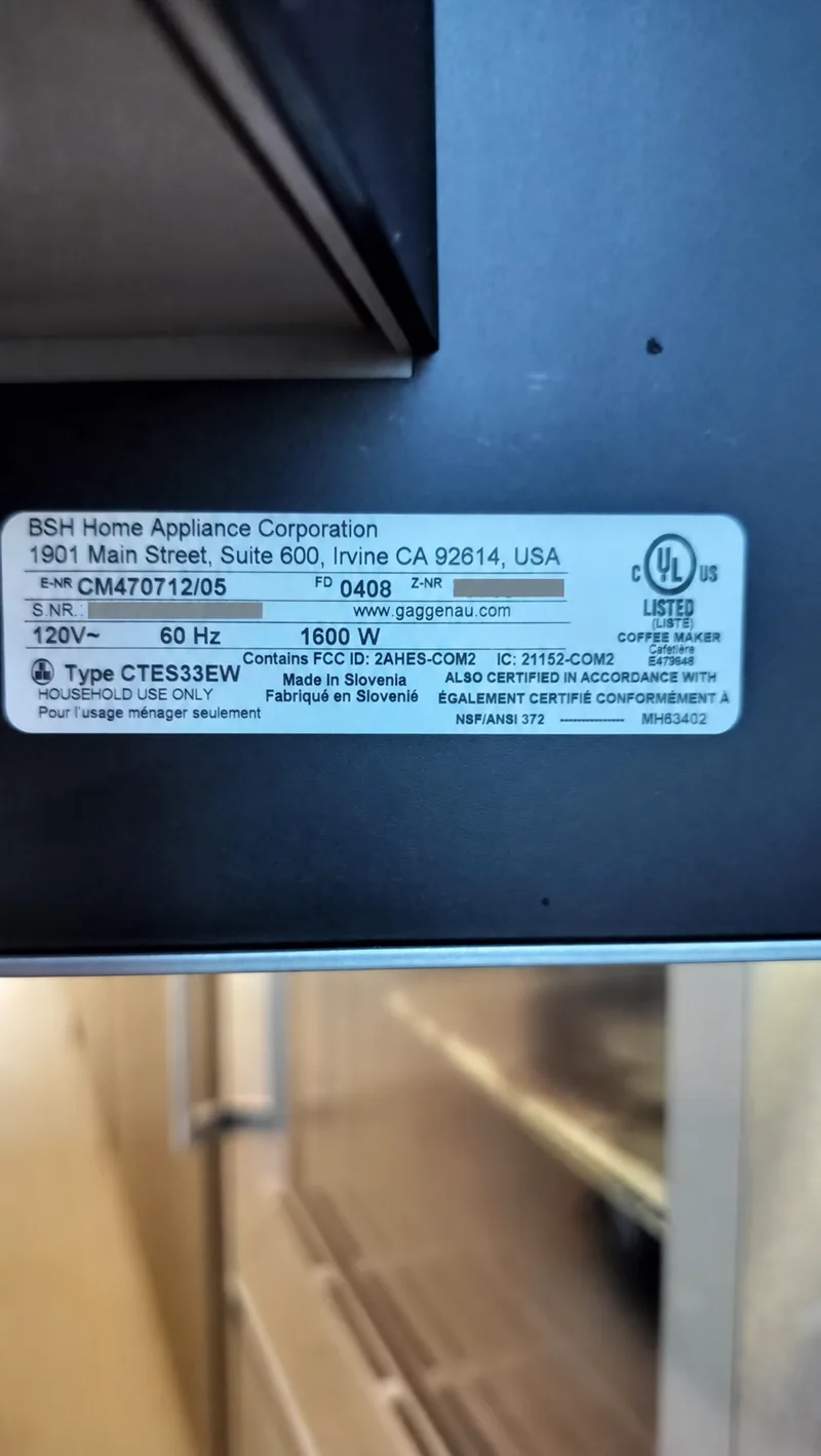 Gaggenau CM470712/05 Type CTES33EW model label with serial numbers redacted